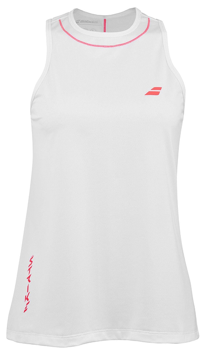 Introducing the Babolat Strike Women's Badminton Tank Top in white. This sleeveless design includes pink accents and is made from eco-friendly recycled polyester. It showcases a subtle logo on the left chest and artistic text along the left side.