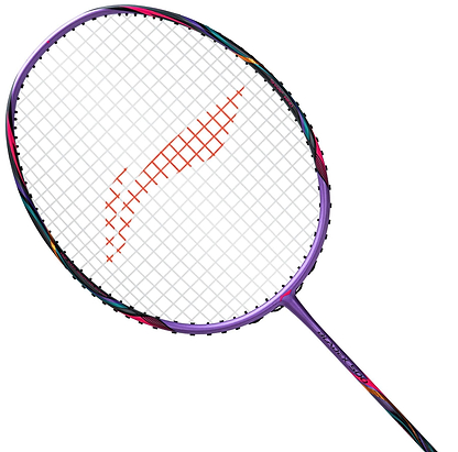 The Li-Ning BladeX 500 3U Badminton Racket - Zircon features a purple frame with multicolored accents and a red curved design on the white stringed head, enhanced by TB Nano technology for superior performance.