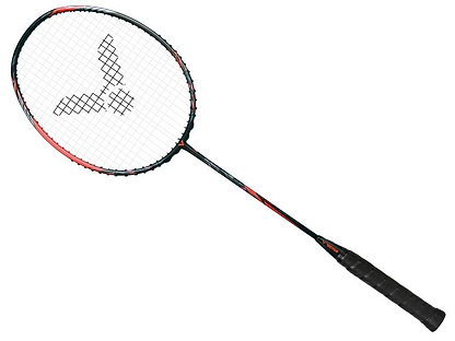 The Victor Thruster Ryuga Metallic C 3U Badminton Racket in black and red is designed with a sleek appearance, including a black handle and string pattern made from metallic carbon fibre to boost performance.