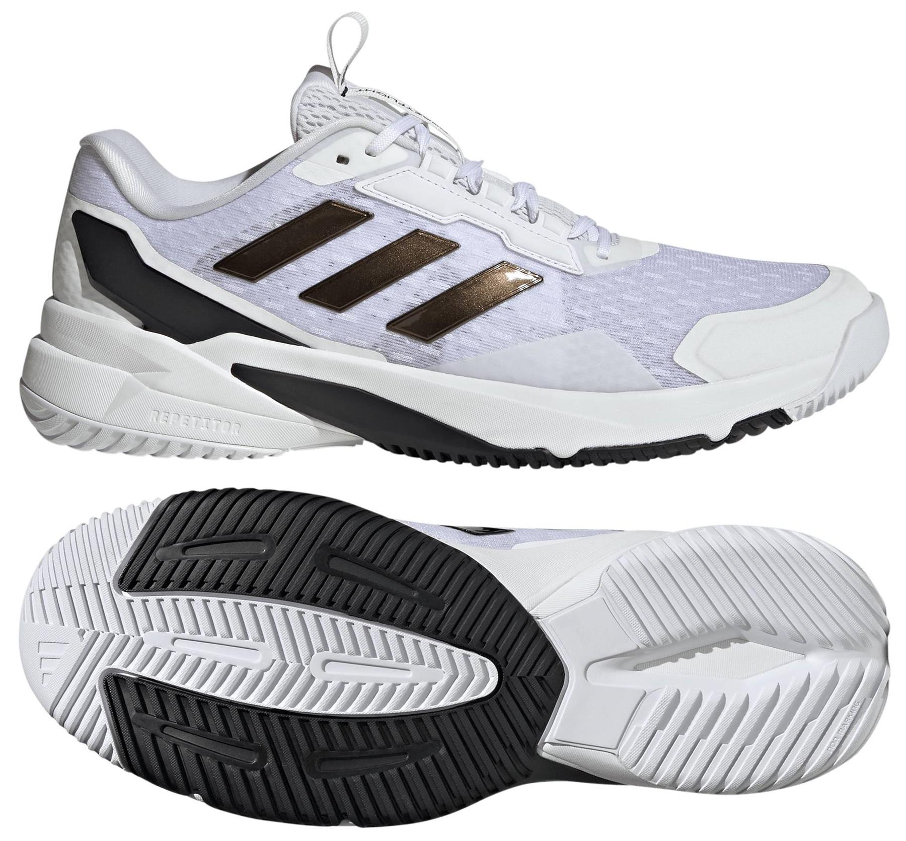 The adidas Crazyflight 6 Mens Indoor Badminton Shoes in white are shown from the side and bottom to display black stripes, tread pattern, and grip—ideal for agility on indoor courts.