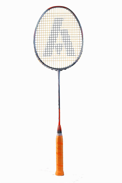 The Ashaway Phantom Shard 3 3U Badminton Racket features an orange handle and a white stringed head with a capital "A" design. Enhanced by Shardtech technology, this sleek Ashaway racket stands vertically on a white background, merging style with advanced performance.