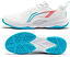 The Li-Ning Almighty V2.0 Unisex Badminton Shoes in White/Blue feature a textured blue and white sole for grip and flexibility, with a perforated upper and vibrant curved designs for style, as seen from the side and sole views.
