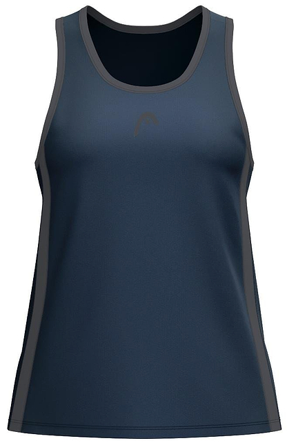 The HEAD Club 25 Tech Women's Badminton Tank Top in navy features gray trim at the armholes and neckline, a subtle HEAD logo on the chest, and Moisture Transfer Microfiber to keep you dry during play.