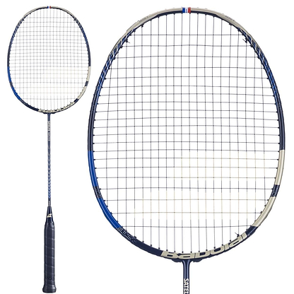 Close-up of a Babolat Satelite Master Badminton Racket - Navy Blue by Babolat, highlighting its black grip and a navy blue, white, and gray frame. The strings stand out against the combination of polished and matte finishes, engineered for optimum aerodynamics.