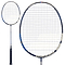 Close-up of a Babolat Satelite Master Badminton Racket - Navy Blue by Babolat, highlighting its black grip and a navy blue, white, and gray frame. The strings stand out against the combination of polished and matte finishes, engineered for optimum aerodynamics.