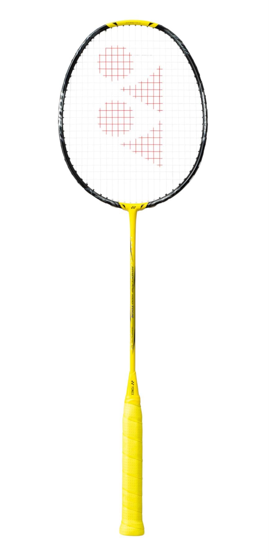 The Yonex Nanoflare 1000 Tour 4U Badminton Racket in Lightning Yellow features a sleek black and white frame. Its strings showcase an eye-catching red logo pattern, while the grip is wrapped in vibrant yellow tape, tailored for advanced players. The racket is elegantly displayed on a white background.