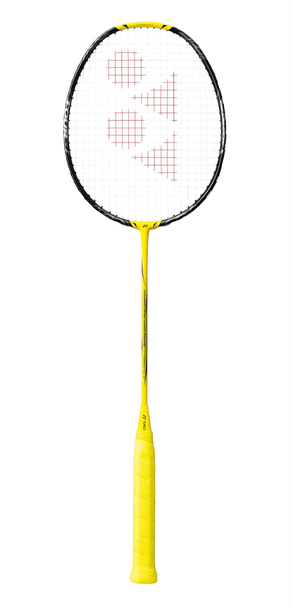 The Yonex Nanoflare 1000 Tour 4U Badminton Racket in Lightning Yellow features a sleek black and white frame. Its strings showcase an eye-catching red logo pattern, while the grip is wrapped in vibrant yellow tape, tailored for advanced players. The racket is elegantly displayed on a white background.