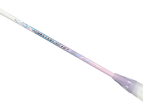A close-up of the Victor Jetspeed S 12FTD T 4U Badminton Racket - Violet, showcasing its Aero-Sword frame design.