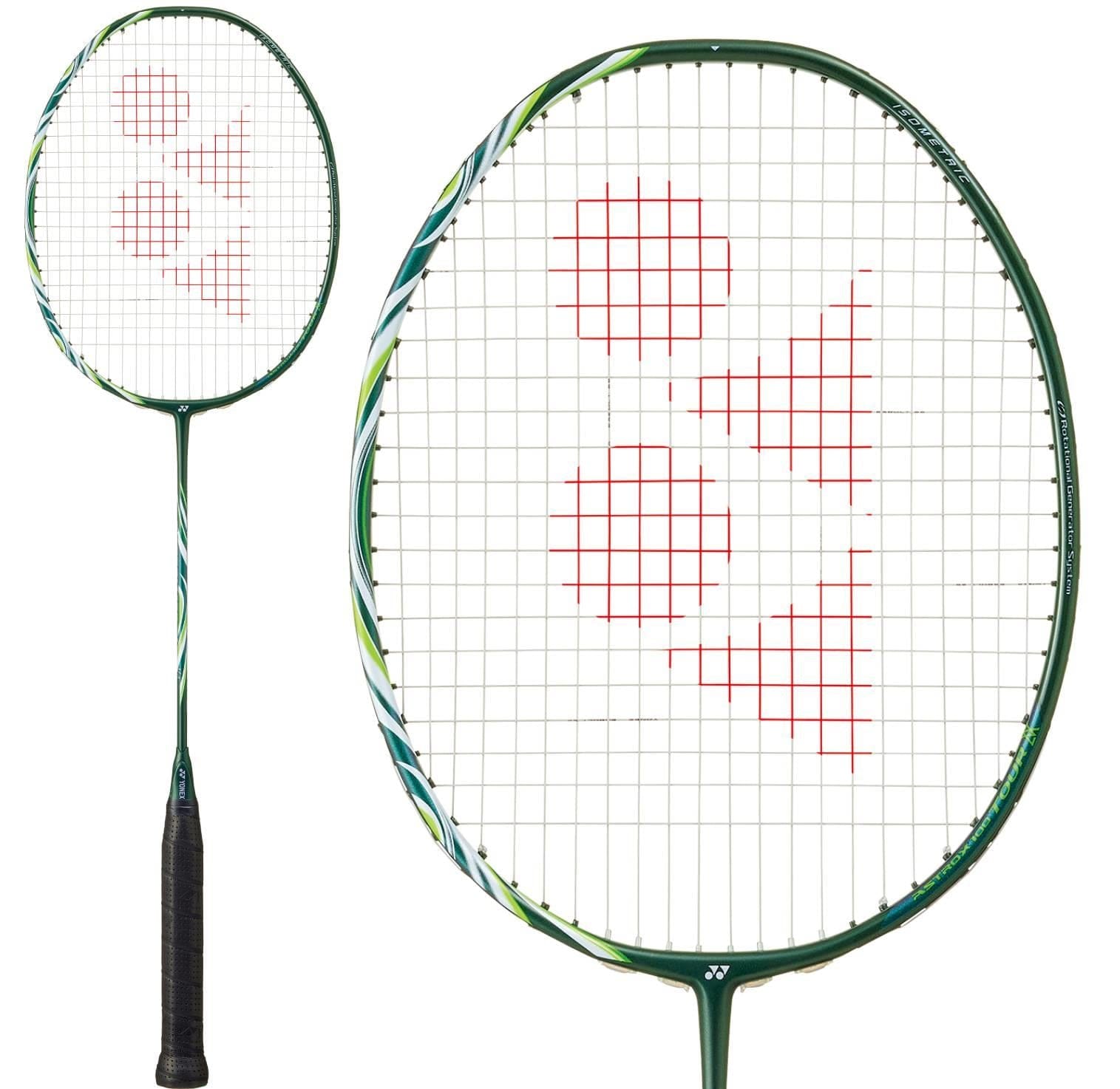 The Yonex Astrox 100 Tour VA Viktor Axelsen 4U Badminton Racket in Olive Green is shown with a black grip and red Yonex logo, featuring both a full view and a close-up of the Viktor Axelsen Signature racket head.