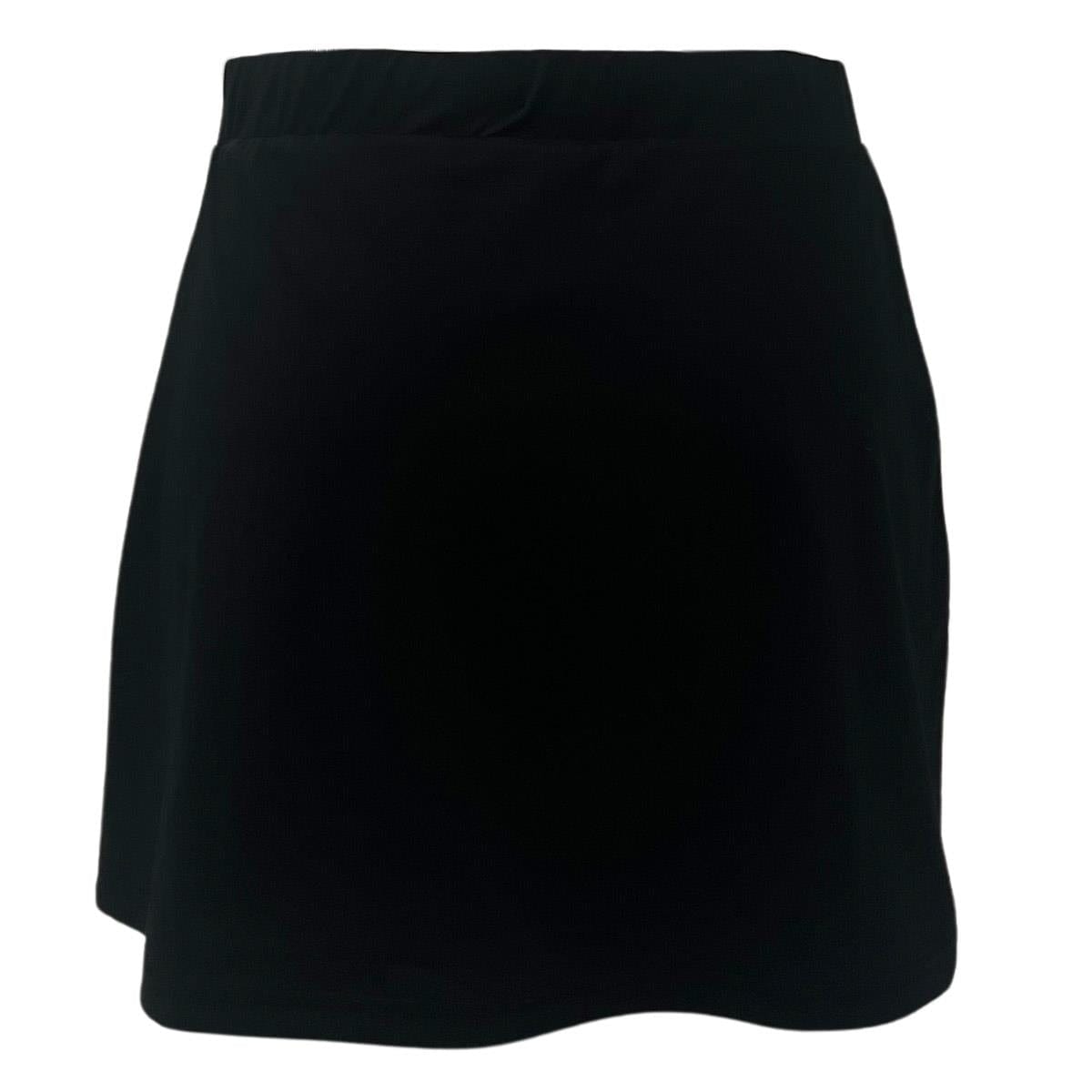 The Yonex YSKT2024 Women's Badminton Skirt in black features a classic A-line design with a modern fit and knee-length cut. It offers a smooth, unembellished texture with moisture-wicking properties, displayed against a white background.