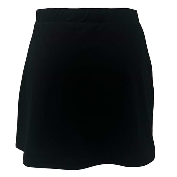 The Yonex YSKT2024 Women's Badminton Skirt in black features a classic A-line design with a modern fit and knee-length cut. It offers a smooth, unembellished texture with moisture-wicking properties, displayed against a white background.