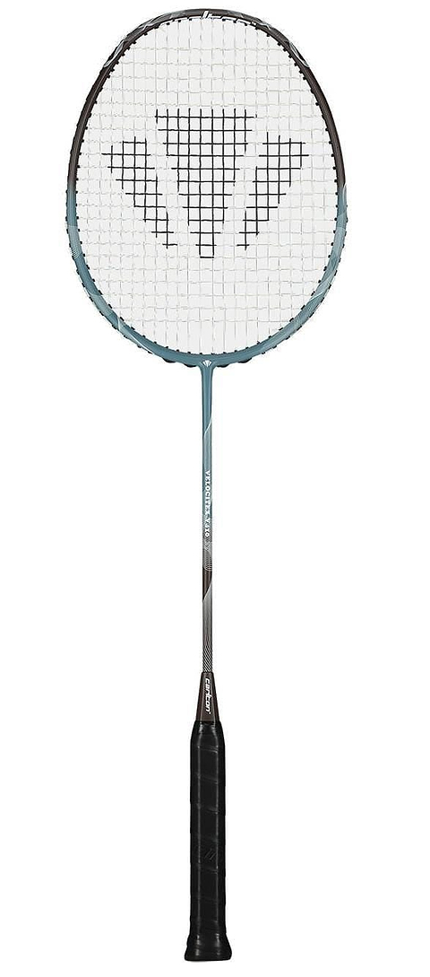 The Carlton Velocitex V410 3U Badminton Racket by Carlton features an even balance, a blue design, and is perfect for intermediate players seeking control and performance.