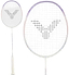 The Victor Thruster K 66 AJ 7U Badminton Racket in White/Purple by Victor is displayed from two angles: a full view and a head close-up, featuring black logo strings and a grip wrapped in white tape.