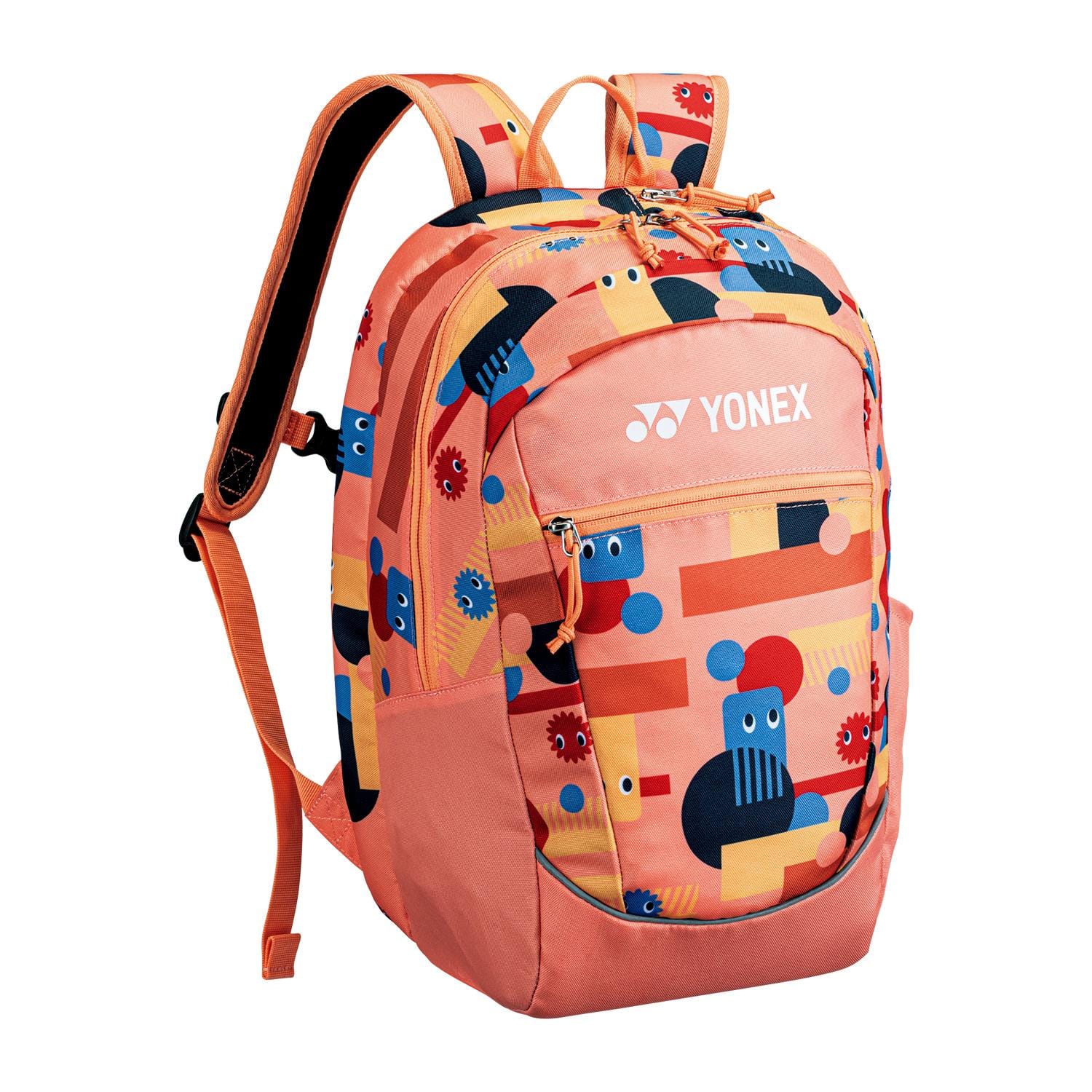 Explore the Yonex 22512 Junior Badminton Backpack - Coral, a vibrant bag featuring geometric shapes and abstract characters. It includes spacious compartments, pink padded shoulder straps for comfort, and showcases the iconic "Yonex" logo on a white backdrop.