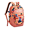 Explore the Yonex 22512 Junior Badminton Backpack - Coral, a vibrant bag featuring geometric shapes and abstract characters. It includes spacious compartments, pink padded shoulder straps for comfort, and showcases the iconic "Yonex" logo on a white backdrop.
