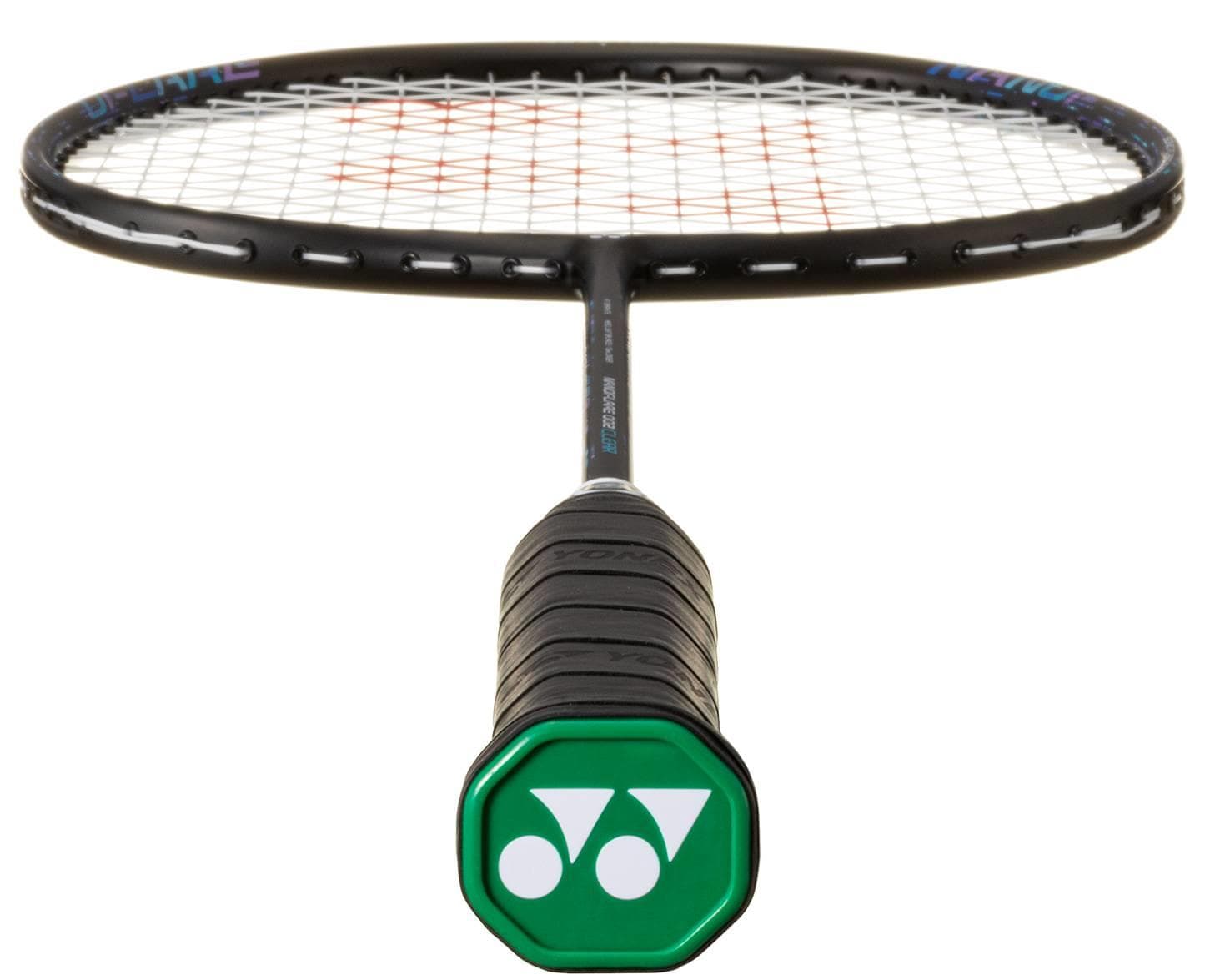 A close-up of the Yonex Nanoflare 002 Clear 4U Badminton Racket - Black / Blue shows its green cap with a white Yonex logo and a head-light black frame and strings in focus.