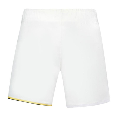Le Coq Sportif Pro Men's Badminton Shorts in Optical White are designed with breathable fabric and an elastic waistband to keep you dry. The left side of the bottom hem features a subtle yellow and green trim, making them ideal for badminton enthusiasts. The background remains plain white.
