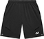 The Yonex 15239YX Knit Men's Badminton Shorts in black feature an elastic waistband, two front pockets, and a white Yonex logo near the hem—lightweight and ideal for men's badminton matches or training.
