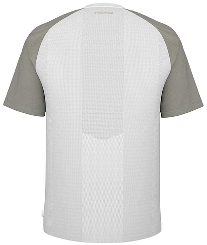 Back of HEAD Performance Men's Badminton T-Shirt - XPWG by HEAD, featuring light gray body, darker gray sleeves, subtle pattern, small neck logo, and moisture-wicking fabric for comfort.