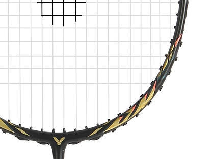 Close-up of the Victor Thruster Raptor C 4U Badminton Racket by Victor, showcasing its black and gold frame with red accents and white strings against a plain background.