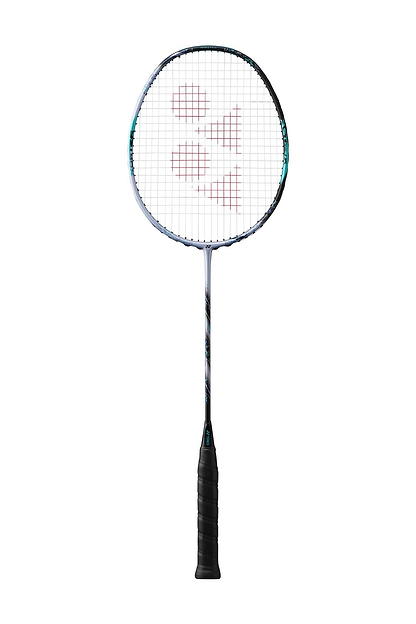The Yonex Astrox 88S Pro 3U Gen 3 2024 badminton racket, in a sleek silver and black design, features a black handle and a circular head with strings arranged in a grid pattern, highlighted by the red "YONEX" logo. Crafted for aggressive players, its metallic frame integrates advanced Isometric technology to enhance performance.