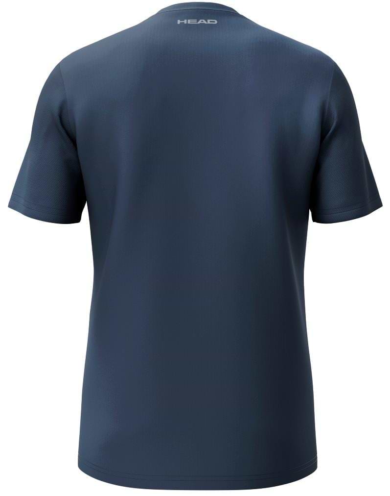 The HEAD Club Tech 25 Mens Badminton T-Shirt in navy is shown from the back, featuring "HEAD" near the neckline. This shirt offers breathable comfort on court, made with moisture transfer microfiber.
