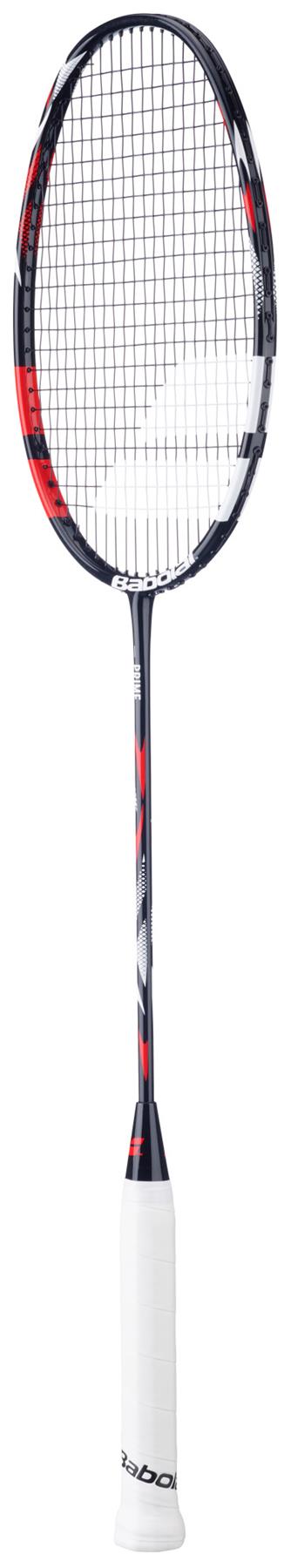 The Babolat Prime 2026 Badminton Racket—lightweight and ideal for beginners—features a black and white frame, tightly strung netting, and a comfortable white handle.