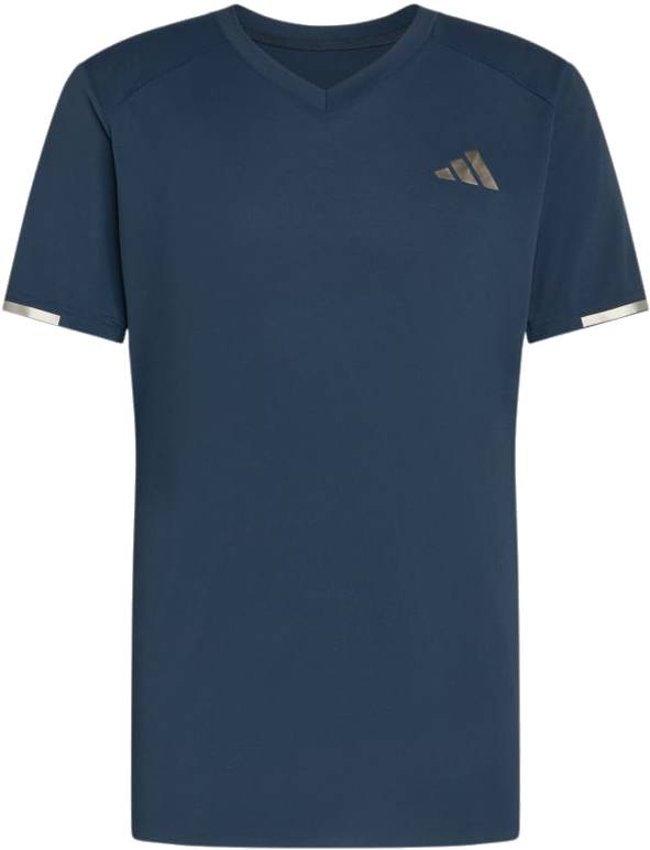 The ADIDAS Climacool+ Freelift Pro Mens Badminton T-Shirt - Aurora Ink features short sleeves, a V-neck, metallic logo, silver sleeve accents, and advanced cooling for tournament-ready performance.