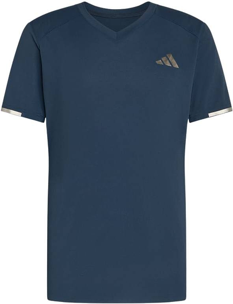 The ADIDAS Climacool+ Freelift Pro Mens Badminton T-Shirt - Aurora Ink features short sleeves, a V-neck, metallic logo, silver sleeve accents, and advanced cooling for tournament-ready performance.