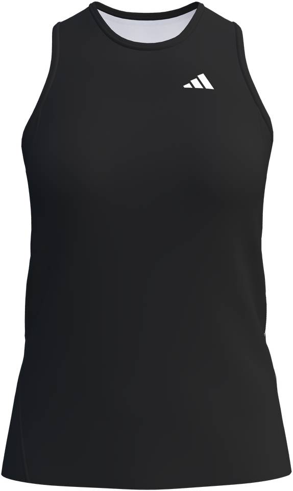 The ADIDAS Court Womens Badminton Tank Top - Black by adidas is a sleeveless sports tank with a crew neck, fitted design, and a small white adidas logo on the upper left chest.
