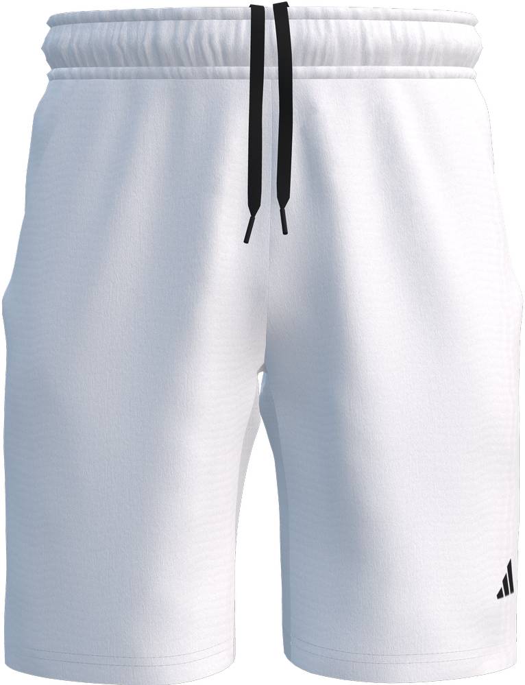 ADIDAS Court Woven Mens Badminton Shorts - White: Lightweight white shorts with black drawstring, small black adidas logo on left leg, elastic waistband, and side pockets.