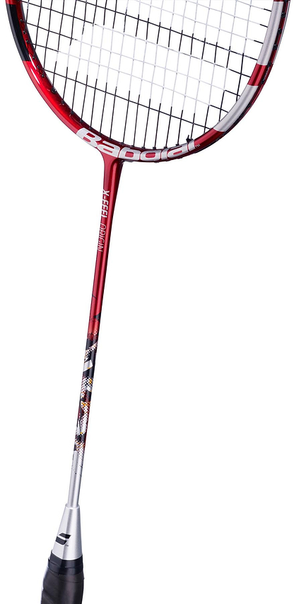 The Babolat X-Feel Origin 2026 3U Badminton Racket in silver and red with black strings, patterned shaft, and black grip is ideal for intermediate to advanced players. Product is isolated on a white background.