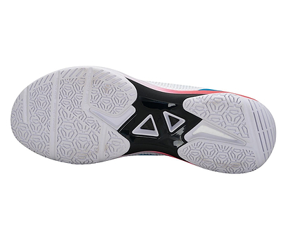 Close-up of the Li-Ning LT01 Thunder Women's Badminton Shoes' sole, showing a patterned tread for grip. The white and fruity neon sole has responsive cushioning, a central black part with triangle cutouts for stability, and pink and blue hints along the edges.