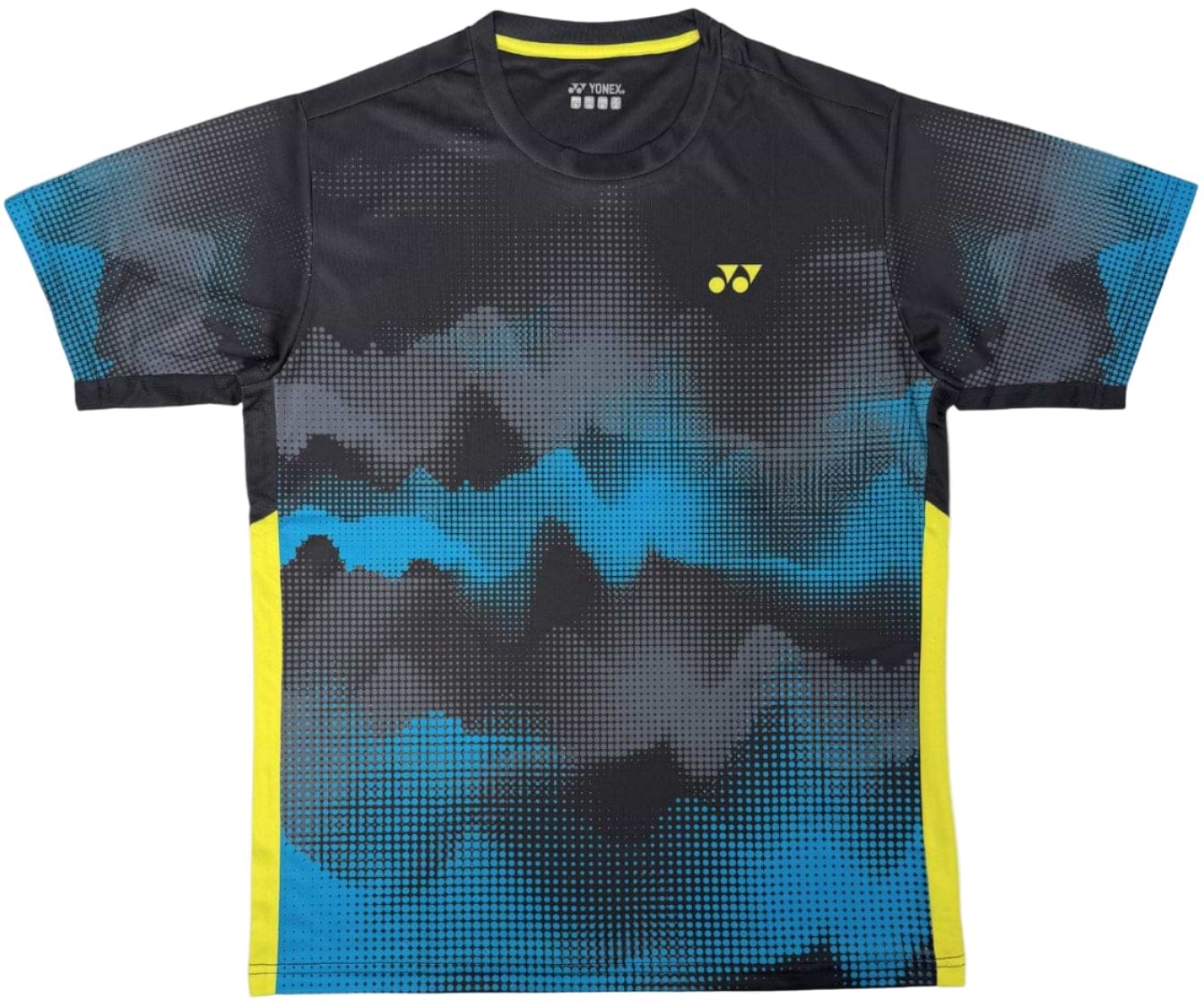 The Yonex YTM2025A Men's Badminton T-Shirt - Black features blue and gray pixelated patterns, yellow side panels, a white Yonex logo on the chest, and Quick-Dry technology for comfort during intense play.