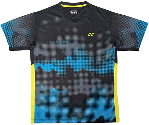 The Yonex YTM2025A Men's Badminton T-Shirt - Black features blue and gray pixelated patterns, yellow side panels, a white Yonex logo on the chest, and Quick-Dry technology for comfort during intense play.