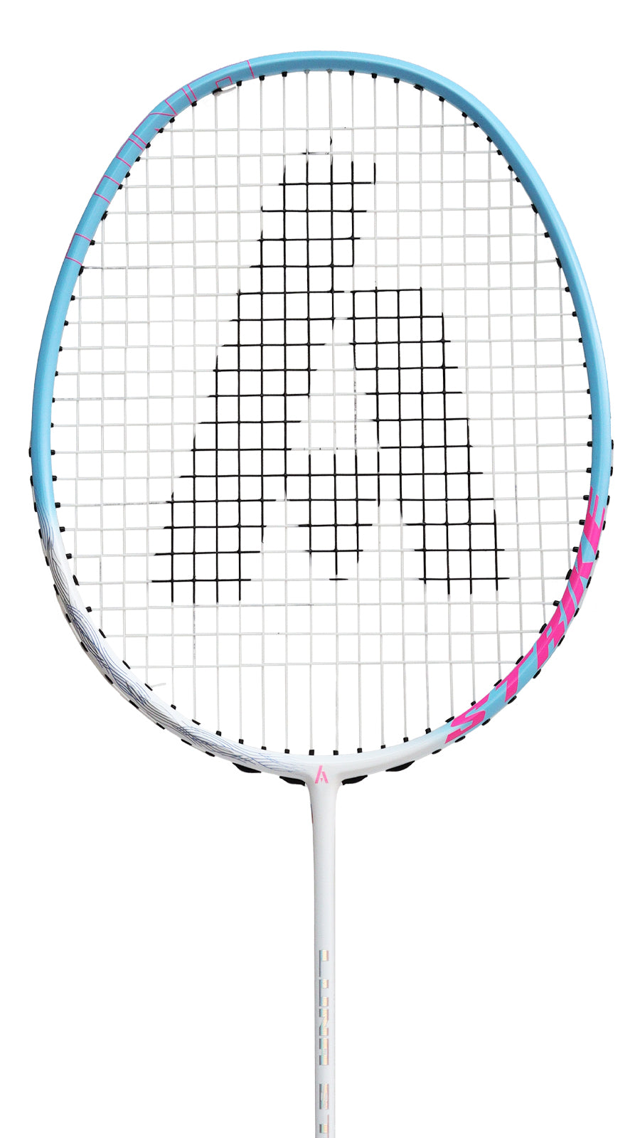 The Ashaway Luna Strike 5U Badminton Racket by Ashaway features a white, blue, and pink color scheme with a black logo on the strings. This ultra-lightweight racket is crafted from Japanese carbon graphite and has a medium flex shaft. The product is photographed against a white background.
