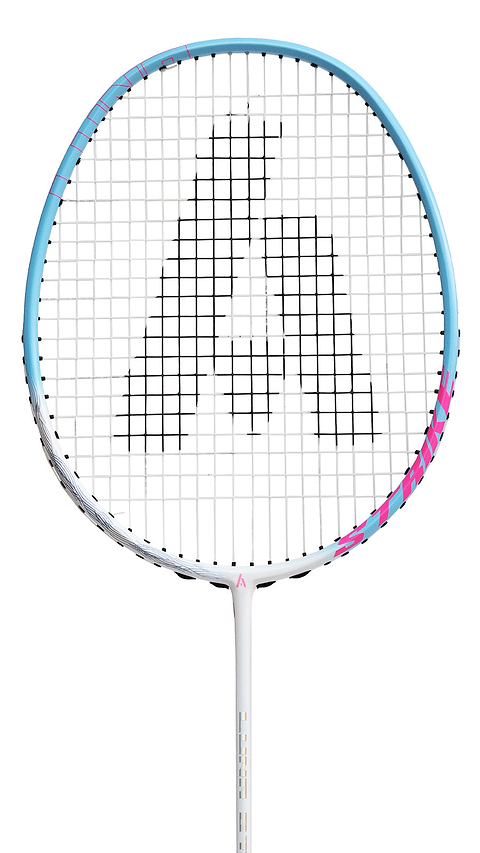 The Ashaway Luna Strike 5U Badminton Racket by Ashaway features a white, blue, and pink color scheme with a black logo on the strings. This ultra-lightweight racket is crafted from Japanese carbon graphite and has a medium flex shaft. The product is photographed against a white background.