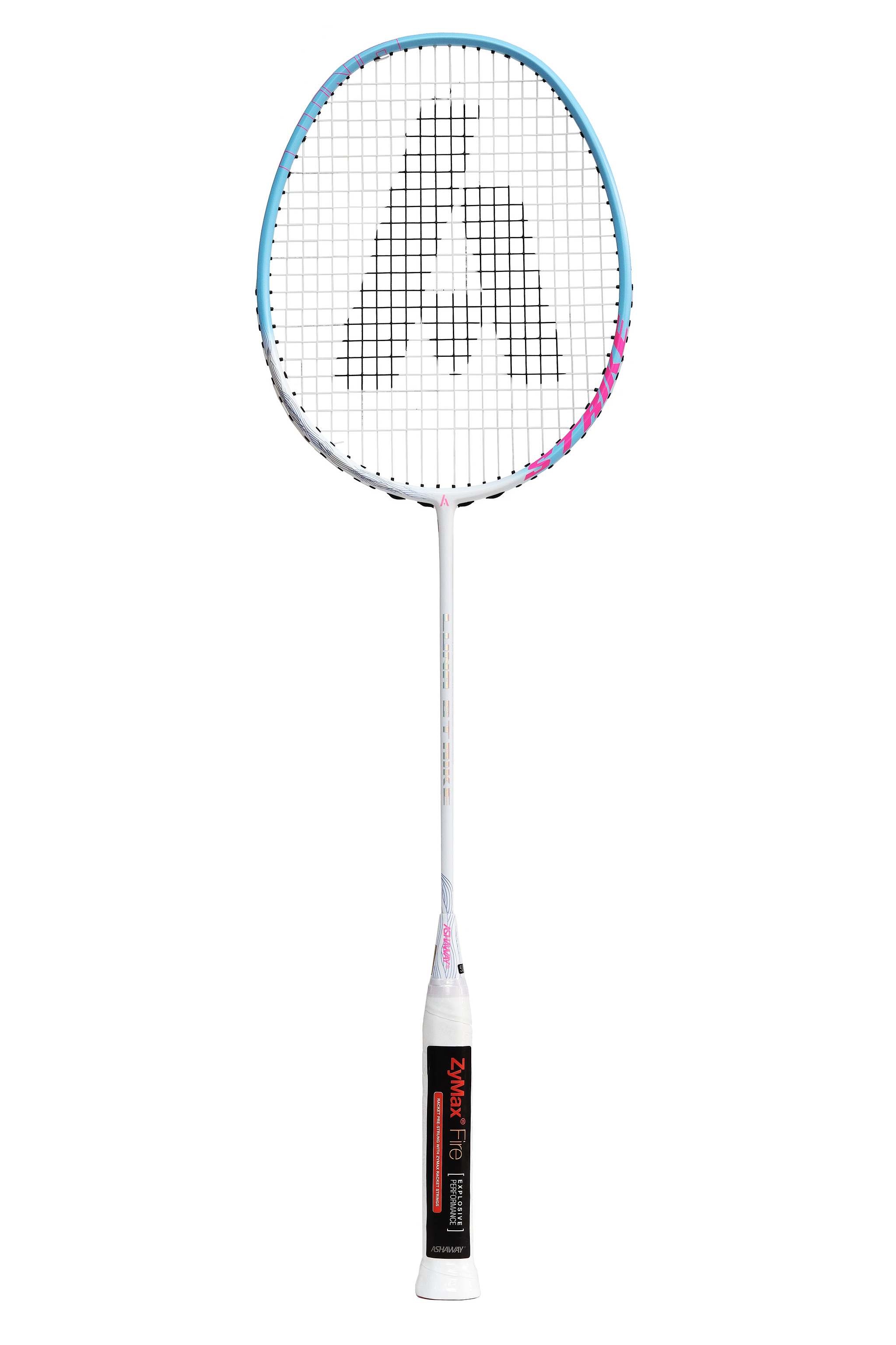 The Ashaway Luna Strike 5U Badminton Racket by Ashaway features a sleek white, blue, and pink frame, with black strings forming a prominent letter “A.” Its handle boasts a comfortable white grip accented with black and red details. Made from premium Japanese carbon graphite, this ultra-lightweight racket provides a medium flex shaft for superior control and rapid gameplay.