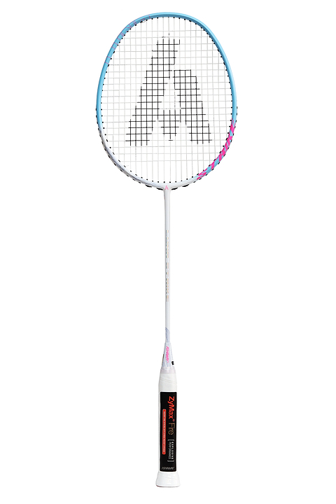 The Ashaway Luna Strike 5U Badminton Racket by Ashaway features a sleek white, blue, and pink frame, with black strings forming a prominent letter “A.” Its handle boasts a comfortable white grip accented with black and red details. Made from premium Japanese carbon graphite, this ultra-lightweight racket provides a medium flex shaft for superior control and rapid gameplay.