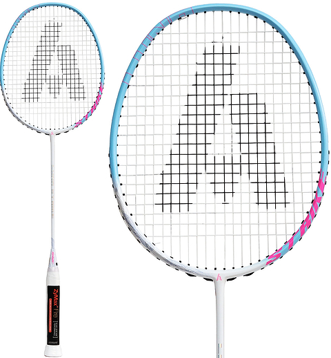 The Ashaway Luna Strike 5U Badminton Racket in White, Blue, and Pink features a blue and white frame with pink accents and a prominent black “A” design on the strings. Made by Ashaway from Japanese carbon graphite, this ultra-lightweight racket has a medium flex shaft for enhanced control. The handle is white with a black grip label.