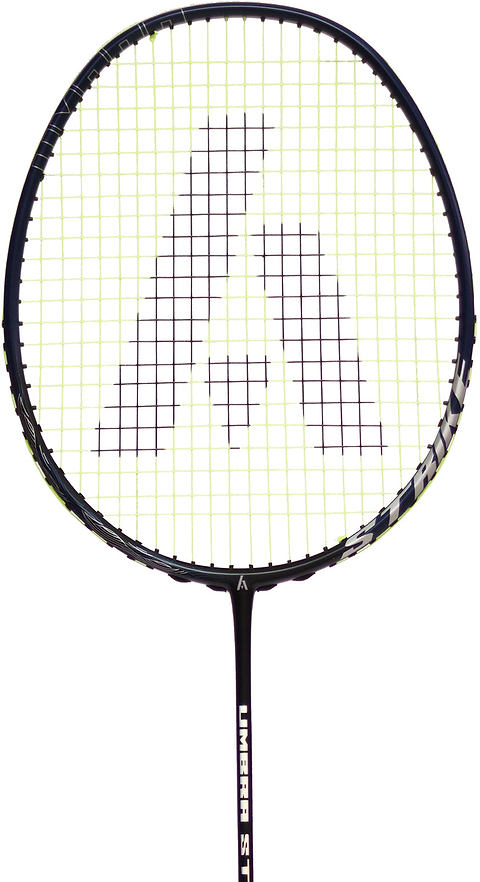 A control-focused Ashaway Umbra Strike 4U Badminton Racket in black and green, featuring yellow strings and a white logo on the net, is shown against a white background—perfect for doubles players seeking precision on the court.