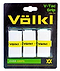 The packaging of the Volkl V-Tac Badminton Overgrip - 3 Pack - White features three white overgrips set against a sleek black background. The brand name "Volkl" is prominently presented in large yellow letters along with "V-Tac Grip," "3 Stk/Pcs," highlighting their highly tacky, ultra-thin design, each grip adorned with "Volkl" on yellow bands.
