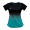 The Yonex YTL5 Women's Badminton T-Shirt is short-sleeved, designed for comfort and performance, featuring a black to turquoise fade with a dotted pattern and white logo. Made from moisture-wicking polyester.