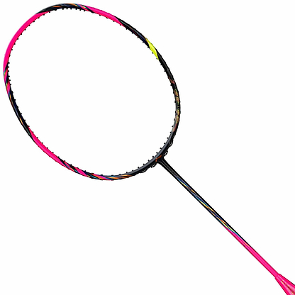 The Li-Ning BladeX 900 4U Badminton Racket - Fluorescent Pink features a vibrant pink design with yellow, blue, and black accents, plus an advanced Shock Absorption System for enhanced comfort, highlighted on a white background.