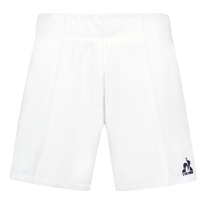 The Le Coq Sportif Pro Men's Badminton Shorts in Optical White showcase a subtle navy rooster logo on the lower left side. Designed with breathable material for optimal dryness, these shorts feature an elastic waistband and are presented against a plain white background.