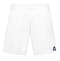 The Le Coq Sportif Pro Men's Badminton Shorts in Optical White showcase a subtle navy rooster logo on the lower left side. Designed with breathable material for optimal dryness, these shorts feature an elastic waistband and are presented against a plain white background.