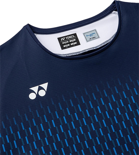 Close-up of the Yonex 10713EX Crew Neck Men's Badminton T-Shirt in dark navy, showcasing a white Yonex logo on the left chest, blue vertical lines, and a tag highlighting its moisture management sportswear design.