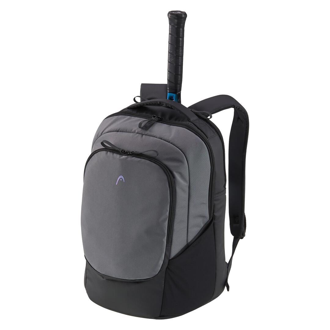 The HEAD Pro X Badminton Backpack 30L in Black/Dark Grey includes multiple compartments with an eco-friendly design, padded straps, and features a small logo on the front pocket. A designated back compartment holds a tennis racket securely.