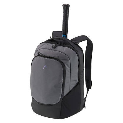 The HEAD Pro X Badminton Backpack 30L in Black/Dark Grey includes multiple compartments with an eco-friendly design, padded straps, and features a small logo on the front pocket. A designated back compartment holds a tennis racket securely.