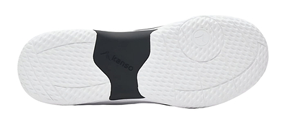 The image depicts the sole of the Kanso Equilibrium EQx3 Unisex Badminton Shoes in white/black with a textured rubber surface. The center features black arch support labeled "Kanso," enhanced with Speedlight Foam for shock absorption, and grip patterns for superior traction.